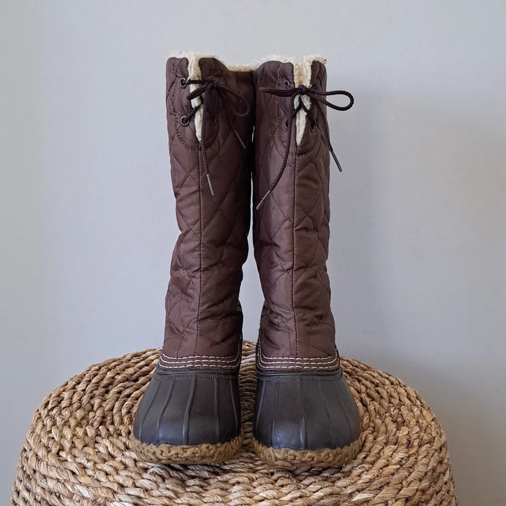 L.L.Bean Womens Brown Quilted Nylon Waterproof/Insulated Winter‎ Sherpa Boots 7